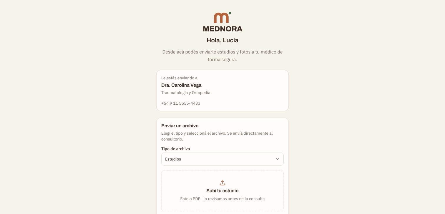 El portal del paciente de Mednora: la página que ve el paciente para enviarle estudios y fotos a su médica, sin crear ninguna cuenta.